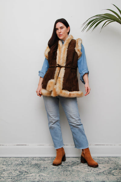 1970s Penny Lane Leather & Sheepskin Waistcoat with Tassel Belt