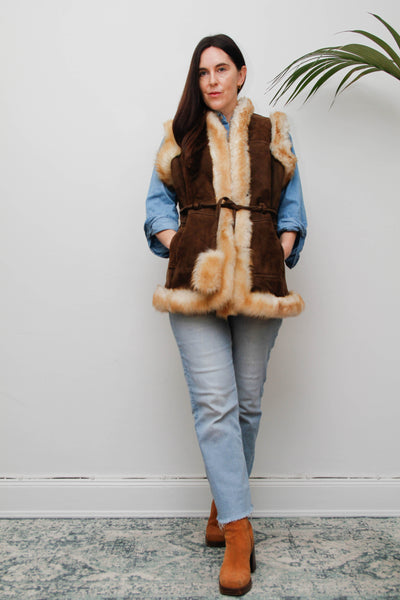 1970s Penny Lane Leather & Sheepskin Waistcoat with Tassel Belt