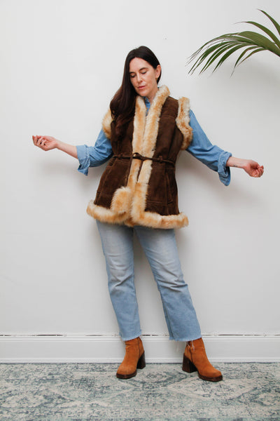 1970s Penny Lane Leather & Sheepskin Waistcoat with Tassel Belt