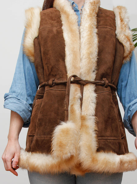 1970s Penny Lane Leather & Sheepskin Waistcoat with Tassel Belt
