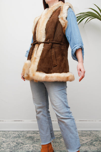 1970s Penny Lane Leather & Sheepskin Waistcoat with Tassel Belt