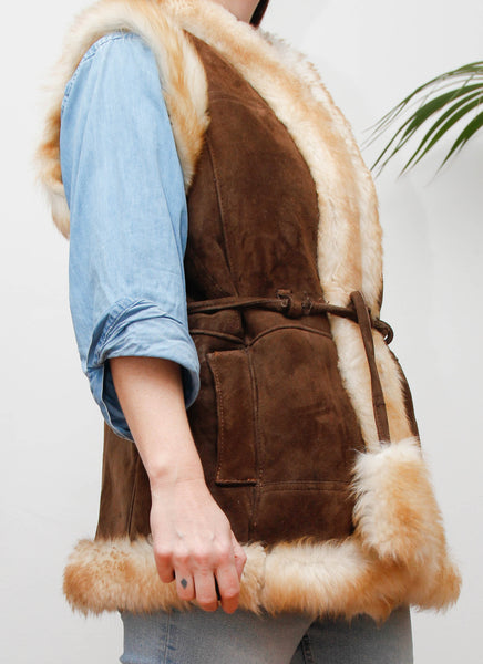 1970s Penny Lane Leather & Sheepskin Waistcoat with Tassel Belt