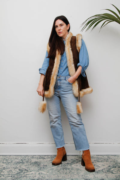 1970s Penny Lane Leather & Sheepskin Waistcoat with Tassel Belt