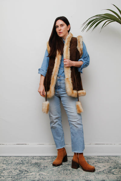1970s Penny Lane Leather & Sheepskin Waistcoat with Tassel Belt