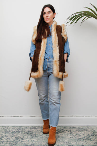 1970s Penny Lane Leather & Sheepskin Waistcoat with Tassel Belt