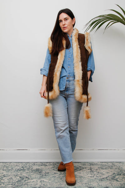 1970s Penny Lane Leather & Sheepskin Waistcoat with Tassel Belt