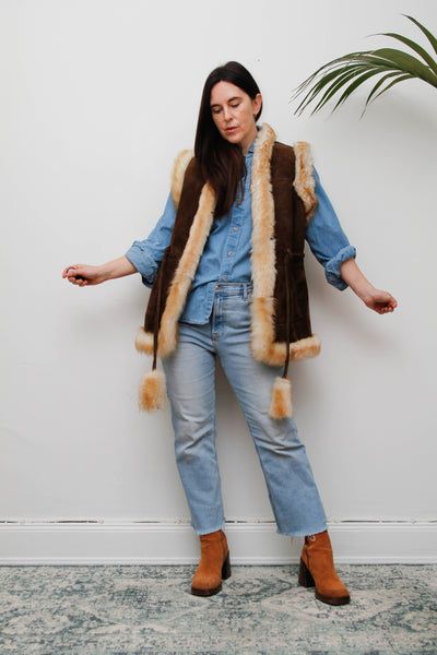 1970s Penny Lane Leather & Sheepskin Waistcoat with Tassel Belt