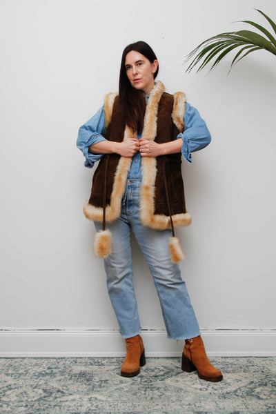 1970s Penny Lane Leather & Sheepskin Waistcoat with Tassel Belt