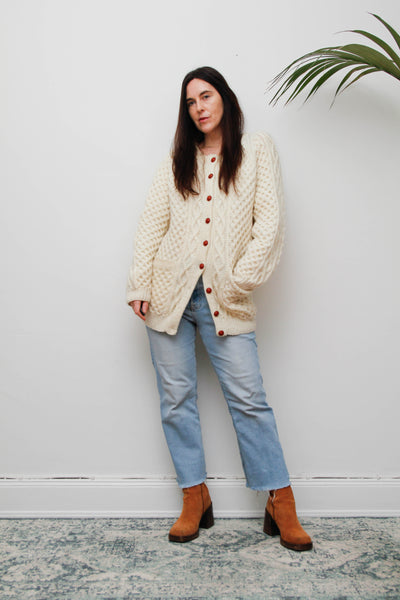 Vintage Cream Aran Wool Cardigan with Leather Shank Buttons