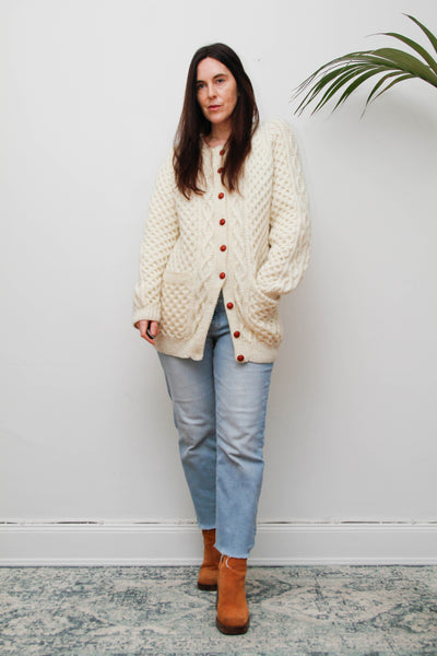 Vintage Cream Aran Wool Cardigan with Leather Shank Buttons