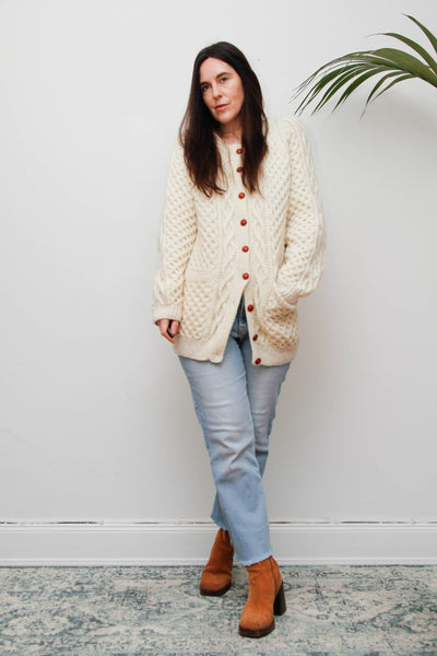 Vintage Cream Aran Wool Cardigan with Leather Shank Buttons