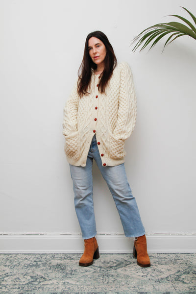 Vintage Cream Aran Wool Cardigan with Leather Shank Buttons
