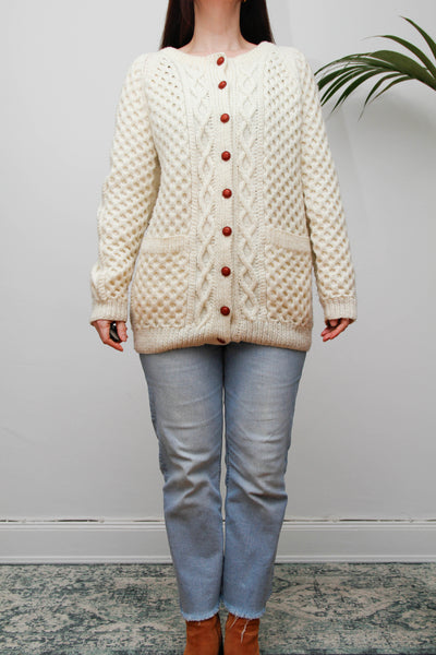 Vintage Cream Aran Wool Cardigan with Leather Shank Buttons