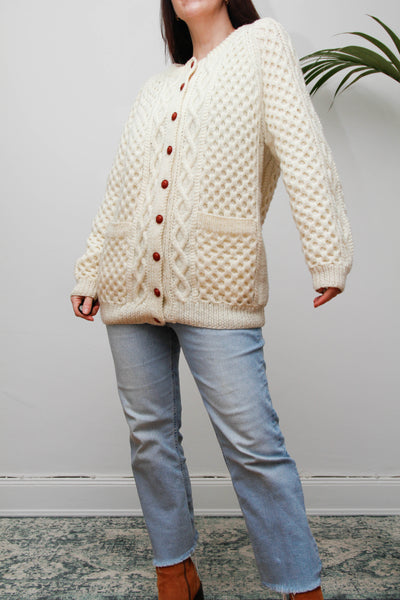 Vintage Cream Aran Wool Cardigan with Leather Shank Buttons