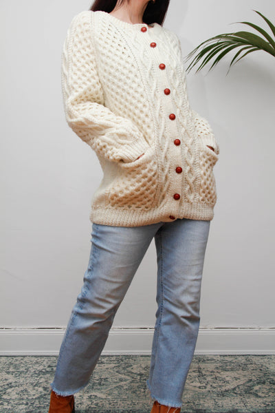 Vintage Cream Aran Wool Cardigan with Leather Shank Buttons