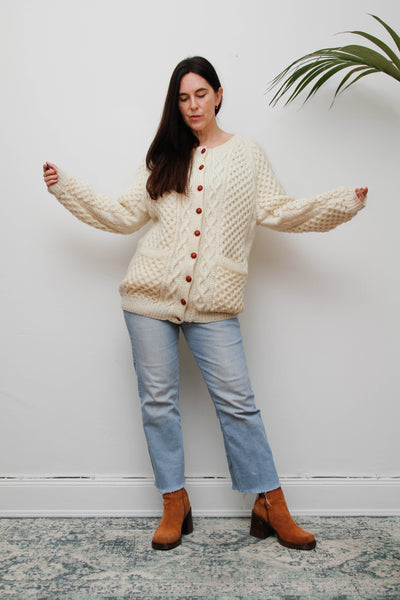 Vintage Cream Aran Wool Cardigan with Leather Shank Buttons
