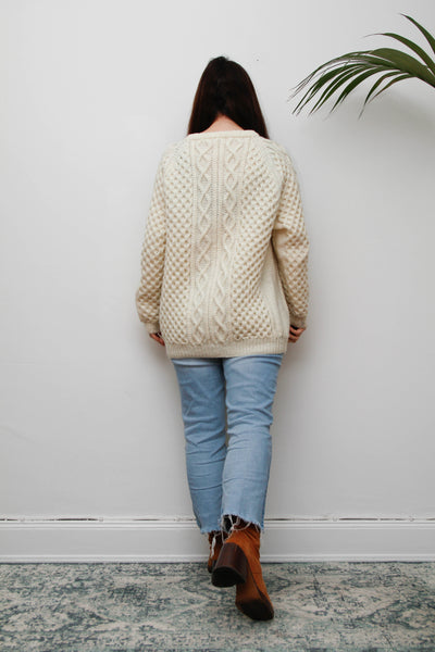 Vintage Cream Aran Wool Cardigan with Leather Shank Buttons