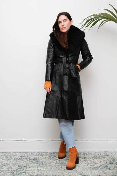 Vintage Black Leather Trench Coat with Oversized Fur Collar