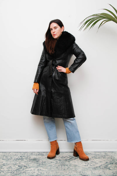 Vintage Black Leather Trench Coat with Oversized Fur Collar