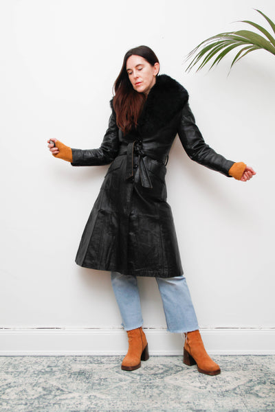 Vintage Black Leather Trench Coat with Oversized Fur Collar