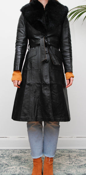 Vintage Black Leather Trench Coat with Oversized Fur Collar