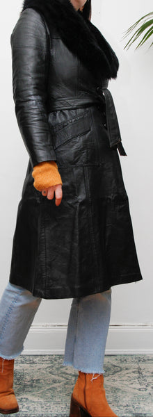 Vintage Black Leather Trench Coat with Oversized Fur Collar