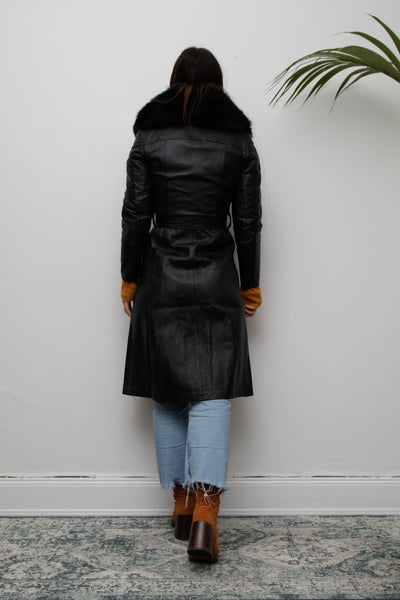 Vintage Black Leather Trench Coat with Oversized Fur Collar
