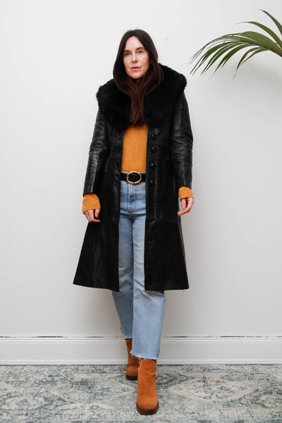 Vintage Black Leather Trench Coat with Oversized Fur Collar