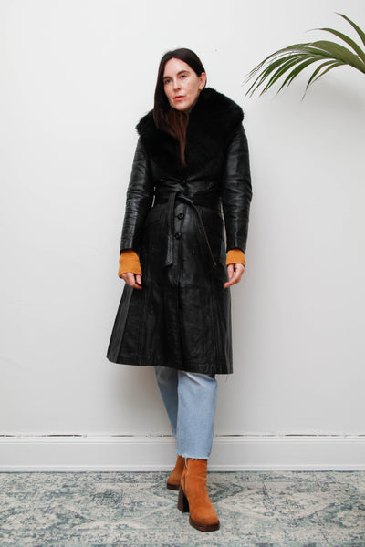 Vintage Black Leather Trench Coat with Oversized Fur Collar