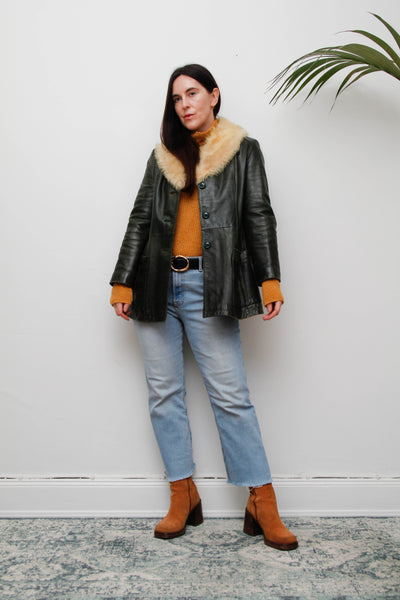 1970s Penny Lane Dark Green Leather Jacket with Sheepskin Collar