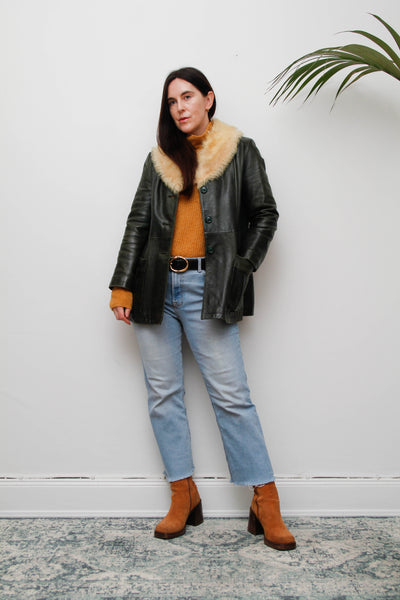 1970s Penny Lane Dark Green Leather Jacket with Sheepskin Collar