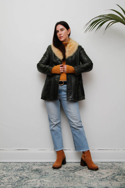 1970s Penny Lane Dark Green Leather Jacket with Sheepskin Collar