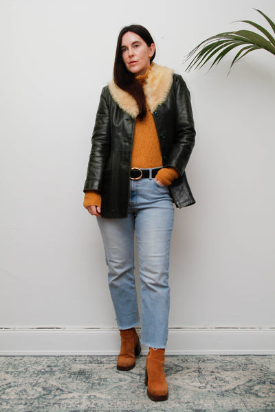 1970s Penny Lane Dark Green Leather Jacket with Sheepskin Collar