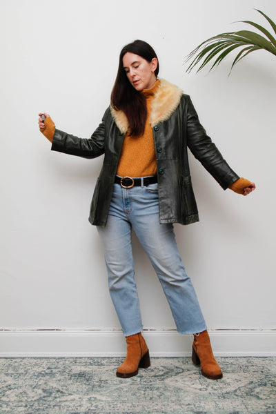 1970s Penny Lane Dark Green Leather Jacket with Sheepskin Collar