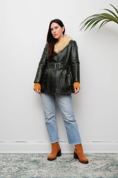 1970s Penny Lane Dark Green Leather Jacket with Sheepskin Collar