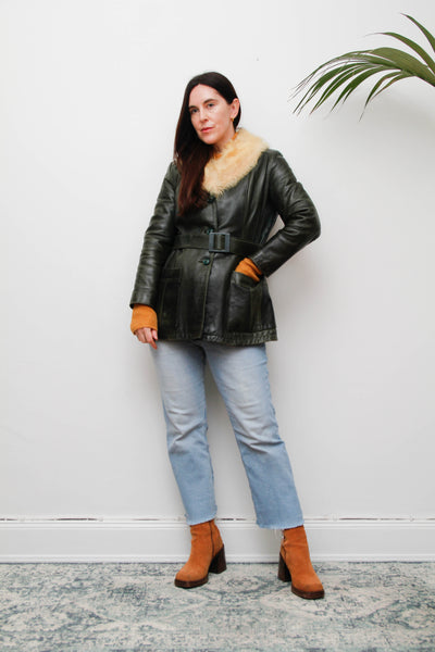 1970s Penny Lane Dark Green Leather Jacket with Sheepskin Collar
