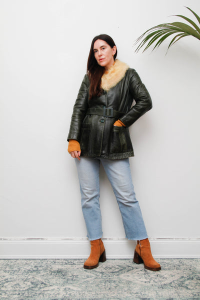 1970s Penny Lane Dark Green Leather Jacket with Sheepskin Collar