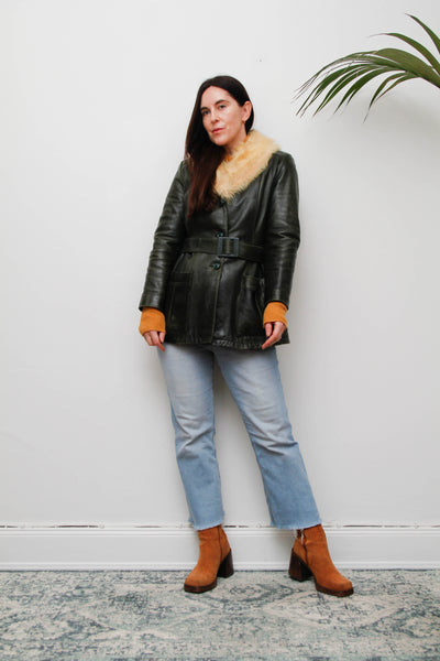 1970s Penny Lane Dark Green Leather Jacket with Sheepskin Collar