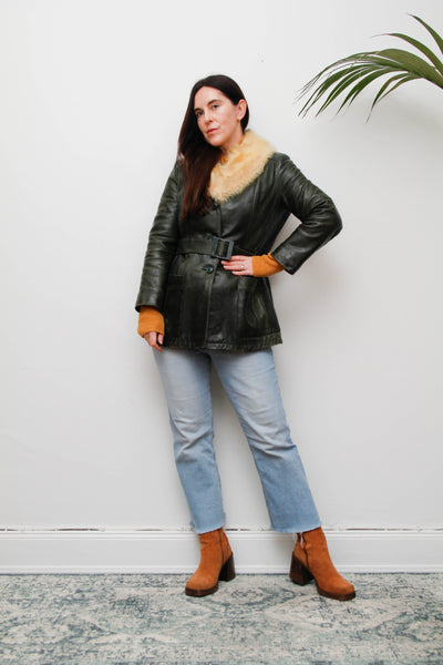 1970s Penny Lane Dark Green Leather Jacket with Sheepskin Collar
