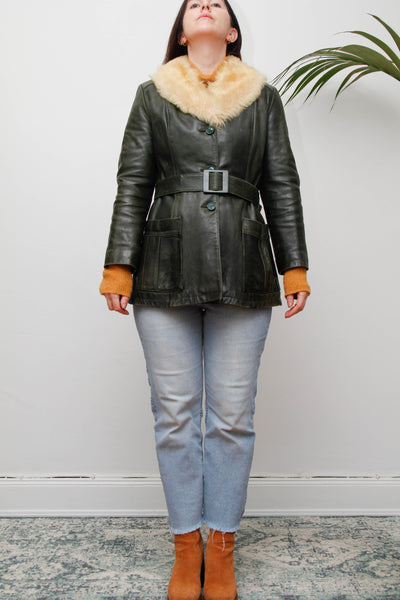 1970s Penny Lane Dark Green Leather Jacket with Sheepskin Collar