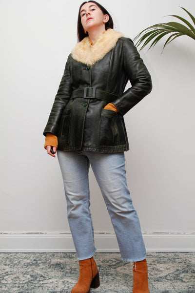 1970s Penny Lane Dark Green Leather Jacket with Sheepskin Collar