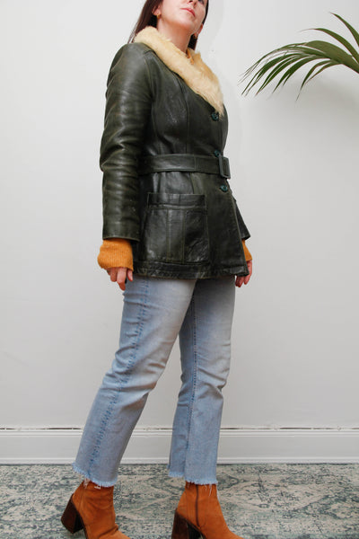 1970s Penny Lane Dark Green Leather Jacket with Sheepskin Collar