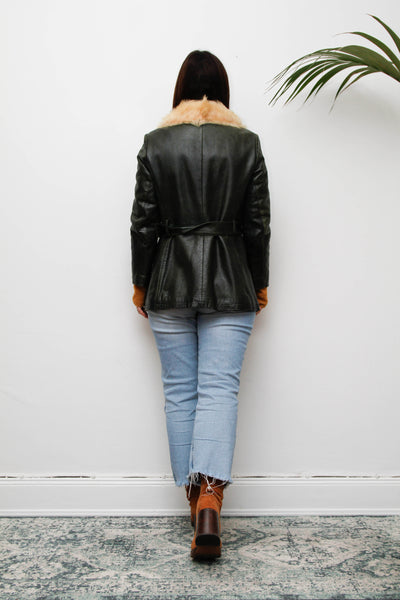 1970s Penny Lane Dark Green Leather Jacket with Sheepskin Collar