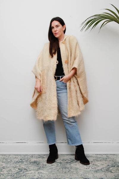Vintage Cream Wool Cape Coat with Mohair Texture and Hood