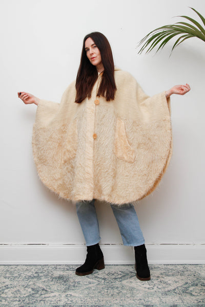 Vintage Cream Wool Cape Coat with Mohair Texture and Hood