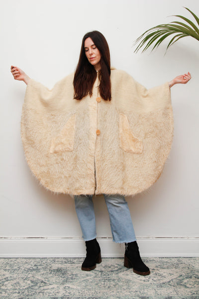 Vintage Cream Wool Cape Coat with Mohair Texture and Hood