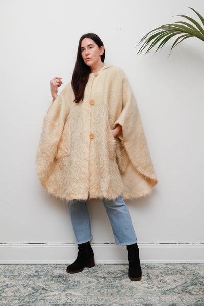 Vintage Cream Wool Cape Coat with Mohair Texture and Hood