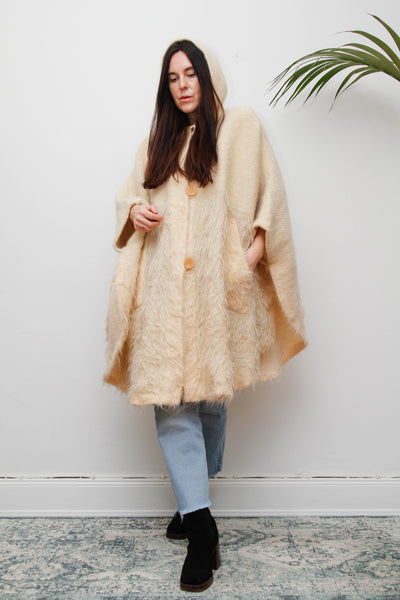 Vintage Cream Wool Cape Coat with Mohair Texture and Hood