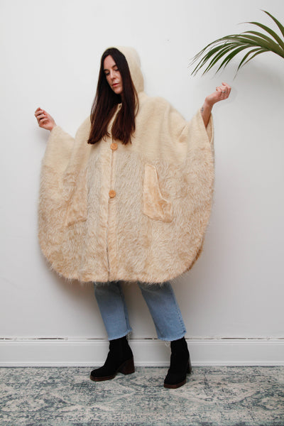 Vintage Cream Wool Cape Coat with Mohair Texture and Hood