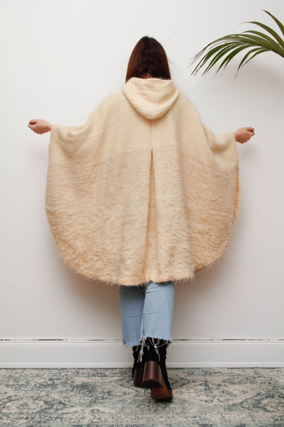 Vintage Cream Wool Cape Coat with Mohair Texture and Hood